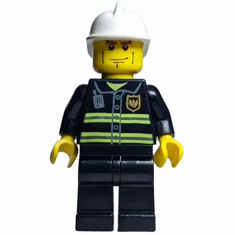 Minifigurka Fireman, Black Fire Jacket with Reflective Stripes, Radio, and Badge, Yellow Hands, White Helmet, Cheek Lines