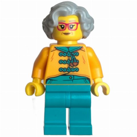 Minifigurka Bright Light Orange Torso, Dark Turquoise Legs, Light Bluish Grey Hair, Glasses