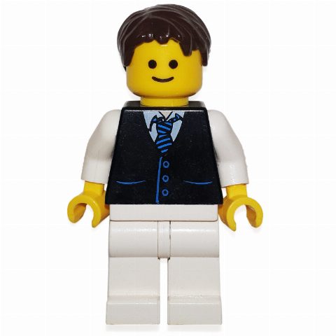 Minifigurka Black Torso Jacket, White Legs, Dark Brown Hair