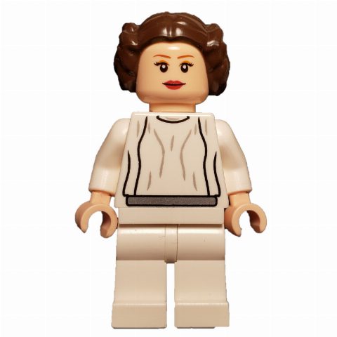 Minifigurka Princess Leia, White Robe, Dark Brown Hair, Plain Belt
