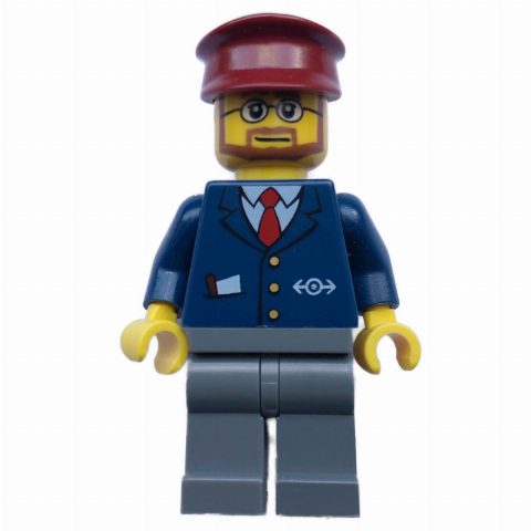 Minifigurka Conductor - Dark Blue Jacket, Dark Bluish Grey Legs, Dark Red Hat