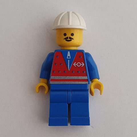 Minifigurka Train Worker - Red Vest, Blue Legs, White Helmet, Moustache