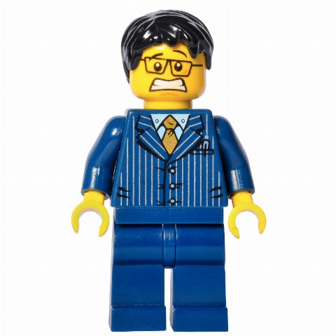 Minifigurka Man, Dark Blue Pinstripe Suit with Gold Tie, Black Hair, Glasses, 3626cpr0792