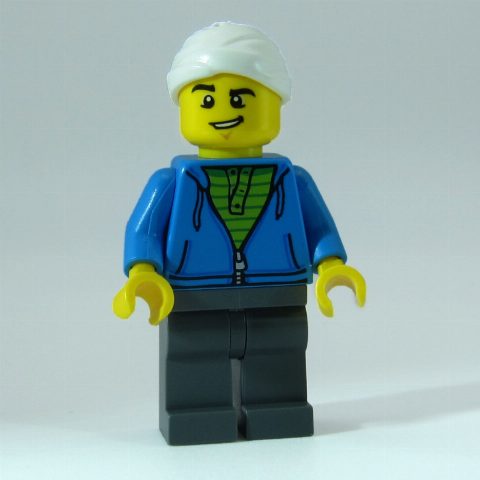 Minifigurka Man, Dark Azure Hoodie over Lime Shirt, Dark Bluish Gray Legs, Head Bandage