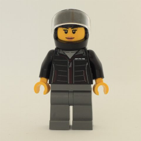 Minifigurka Race Driver, Black Jacket, Dark Bluish Gray Legs, Black Helmet
