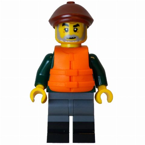 Minifigurka Fisher Man, Dark Green Torso, Dark Bluish Grey Legs, Reddish Brown Cap, Life Vest