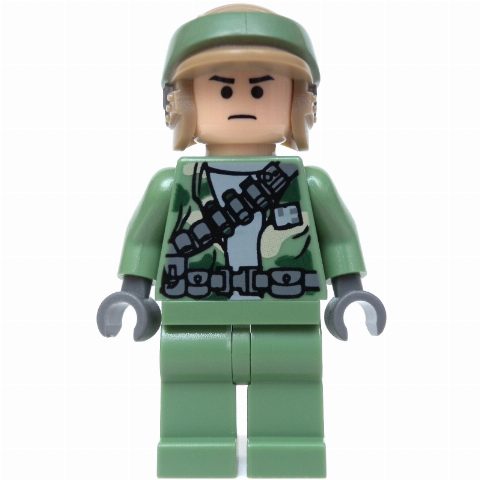 Minifigurka Rebel Trooper in Endor Uniform, Sand Green Legs, Black Eyes, Neck Bracket