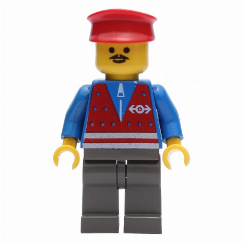 Minifigurka Train Worker - Blue Torso, Dark Gray Legs, Red Hat