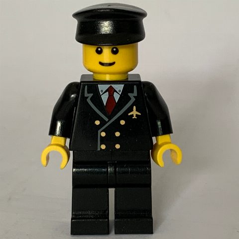 Minifigurka Pilot, Black Suit with Tie and Airplane Badge, Black Hat, Brown Eyebrows