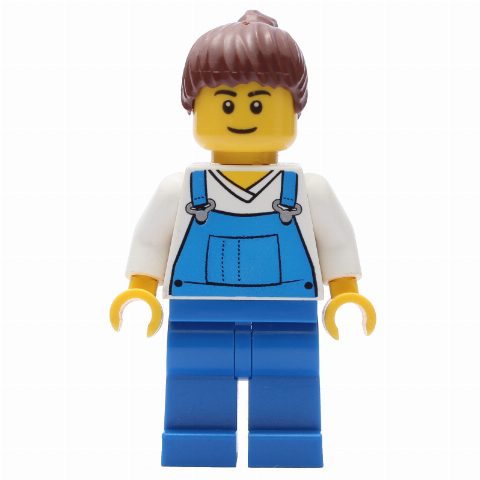 Minifigurka White Torso, Blue Overall, Reddish Brown Hair