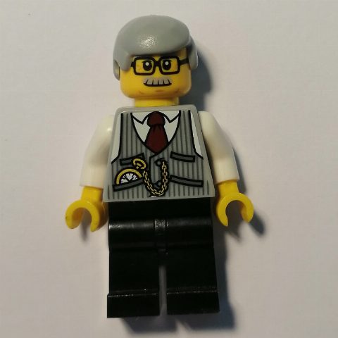 Minifigurka Man, Light Bluish Gray Vest over White Shirt, Black Legs, Light Bluish Gray Hair, Moustache and Glasses