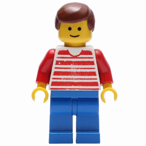 Minifigurka Man, Red and White Striped Shirt, Blue Legs, Brown Hair