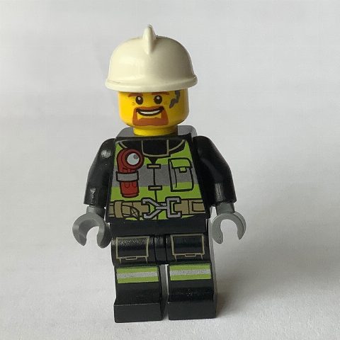 Minifigurka Fireman Fred, Black Fire Suit with Gauge and Straps, White Helmet, Goatee Beard