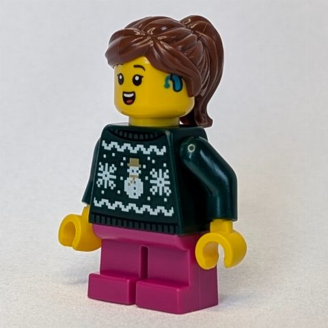Minifigurka Kid, Dark Green Torso, Dark Pink Legs, Reddish Brown Hair