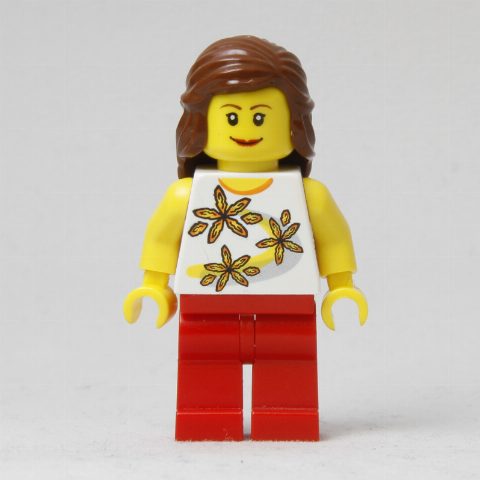 Minifigurka White Torso, Red Legs, Reddish Brown Hair