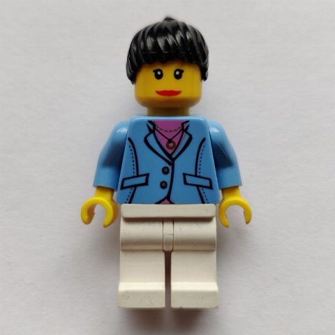 Minifigurka Woman, Medium Blue Jacket, White Legs, Black Ponytail Hair