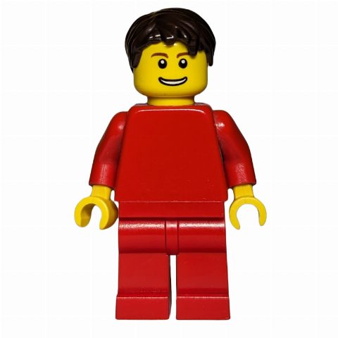 Minifigurka Red Torso, Red Legs, Dark Brown Hair