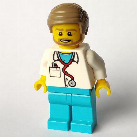 Minifigurka Doctor Tuck, White Shirt over Medium Azure Scrubs with Stethoscope and Pocket, Dark Tan Hair, Beard