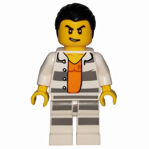 Minifigurka Criminal Carl Cold, Open Prison Shirt #86737 over Orange Top, Black Hair