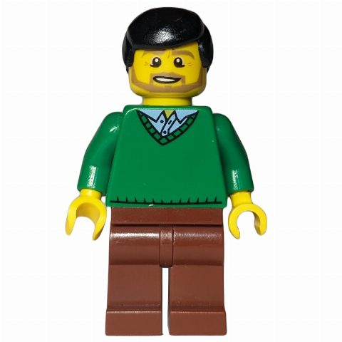 Minifigurka Man, Green V-Neck Sweater, Reddish Brown Legs, Black Hair, Beard