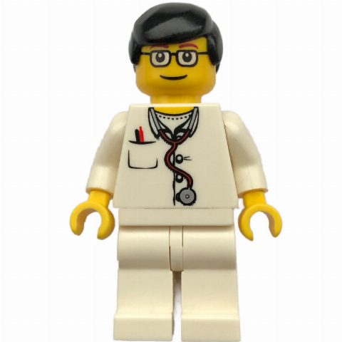 Minifigurka Doctor, White Torso with Stethoscope and Pocket, White Legs, Black Hair, Glasses