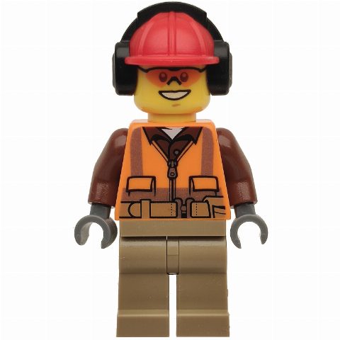 Minifigurka Construction Worker Rob, Orange Safety Vest with Zipper over Reddish Brown Shirt, Dark Tan Legs, Red Hard Hat with Ear Defenders, Orange Safety Glasses