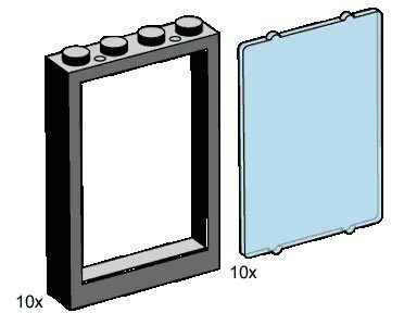 Zestaw LEGO 1 x 4 x 5 Black Window Frames, Transparent Blue Panes (Bulk Bricks)