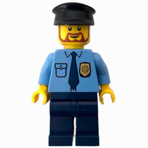 Minifigurka Policeman, Medium Blue Shirt with Badge and Tie, Dark Blue Legs, Black Hat, Beard