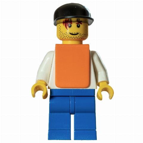 Minifigurka White Torso, Orange Vest, Blue Legs, Black Cap, Smile