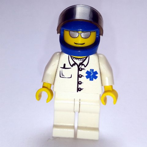 Minifigurka Doctor, White Shirt with Star of Life Logo, Blue Helmet with Visor, Silver Sunglasses