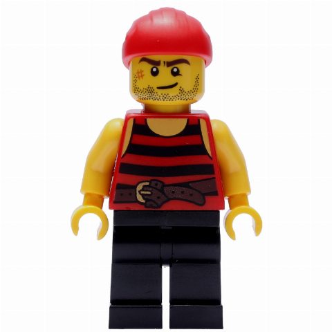 Minifigurka Pirate - Red Stripes, Black Legs, Red Bandana, Scar