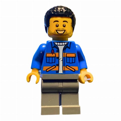 Minifigurka Blue Torso, Safety Vest, Dark Bluish Grey Legs, Black Hair