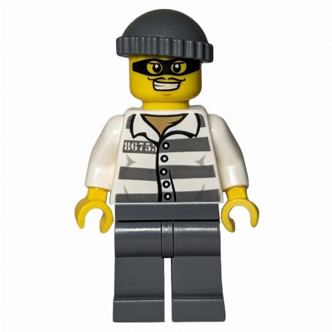 Minifigurka Criminal, Prison Shirt with #86753, Dark Bluish Gray Legs, Dark Bluish Gray Hat, Black Eyemask