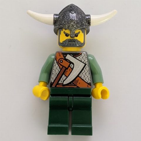 Minifigurka Viking Warrior - Armour, Battle Axe on Torso, Sand Green Arms, Dark Green Legs, Gray Hair