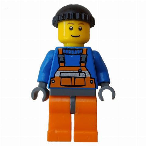 Minifigurka Worker - Blue Torso, Orange Overall, Black Cap
