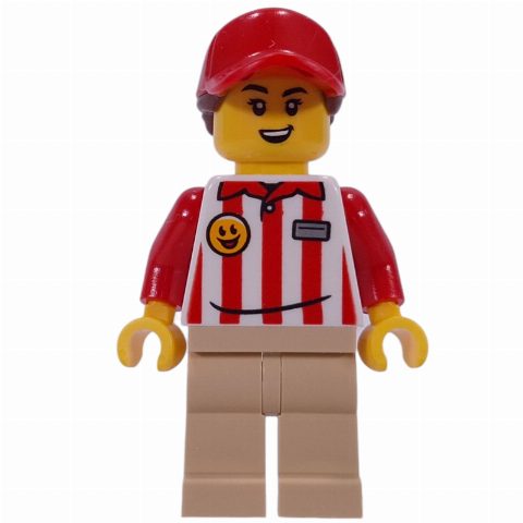 Minifigurka Hotdog Vender, Red/White Stripes Shirt, Tan Legs, Red Cap