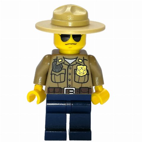 Minifigurka Forest Police / Ranger, Dark Tan Shirt with Radio and Badge, Dark Blue Legs, Tan Campaign Hat, Sunglasses