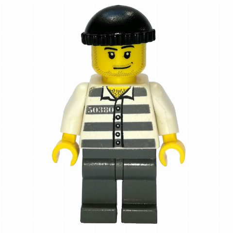 Minifigurka Criminal, Prison Shirt with #50380, Dark Bluish Gray Legs, Black Hat, Stubble