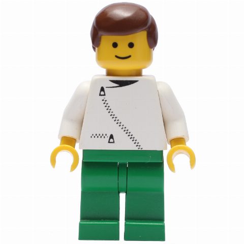 Minifigurka Man, White Jacket with Zipper, Green Legs, Brown Hair