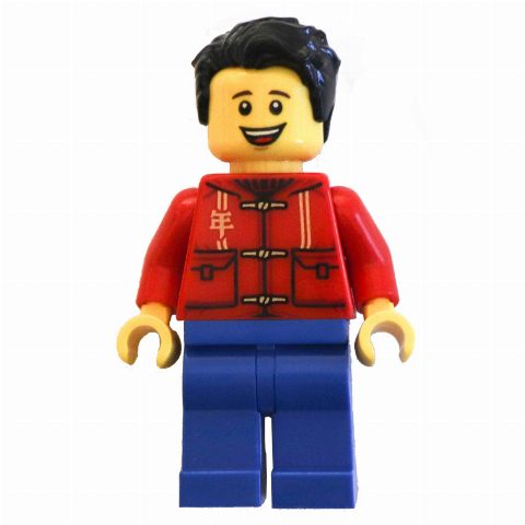 Minifigurka Red Torso, Blue Legs, Black Hair, Tan Bag