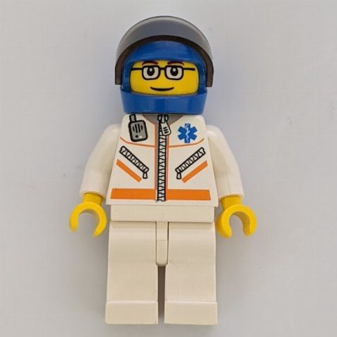 Minifigurka Paramedic, White Jacket with Zipper, Radio and Star of Life, Blue Helmet with Visor, Glasses