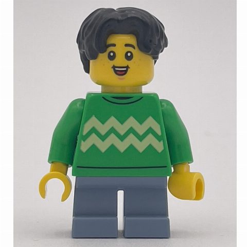 Minifigurka Kid, Bright Green Torso, Sand Blue Legs, Black Hair