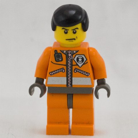 Minifigurka Coast Guard, Orange Jumpsuit with Zipper, Radio, and Badge, Black Hair