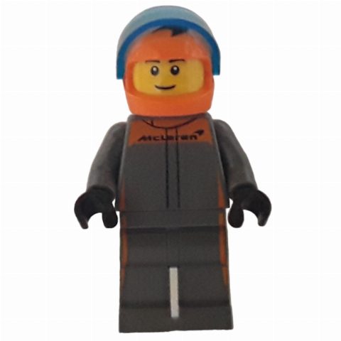 Minifigurka Race Driver - Dark Bluish Grey Racing Suit, Orange Helmet