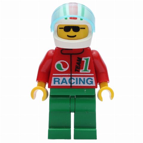 Minifigurka Racer - Octan, Red Torso, Green Legs, White Helmet