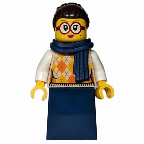 Minifigurka Woman, Tan Torso, Dark Blue Dress, Dark Brown Hair, Dark Blue Scarf