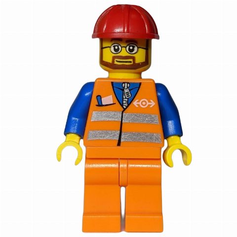 Minifigurka Worker - Orange Safety Vest, orange  Legs, Red Helmet, beard, Glasses
