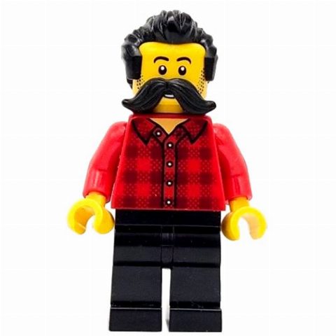 Minifigurka Train Worker, Red Torso, Black Legs, Black Hair, Moustache