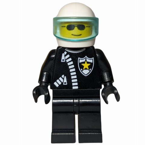 Minifigurka Policeman, Black Jacket with Zipper and Badge, White Helmet with Trans-Light Blue Visor