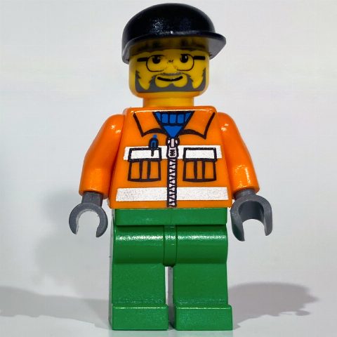 Minifigurka Construction Worker, Orange Jacket with Zipper and Reflective Stripes, Green Legs, Black Cap, Beard and Glasses